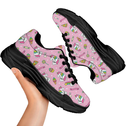 Pink Girly Unicorn Pattern Print Black Chunky Shoes