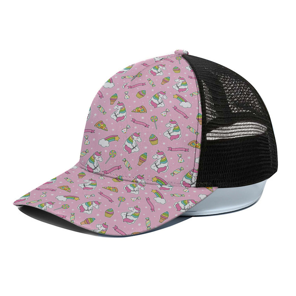 Pink Girly Unicorn Pattern Print Black Mesh Trucker Cap