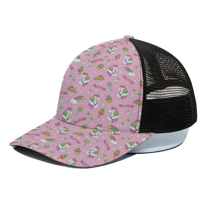 Pink Girly Unicorn Pattern Print Black Mesh Trucker Cap