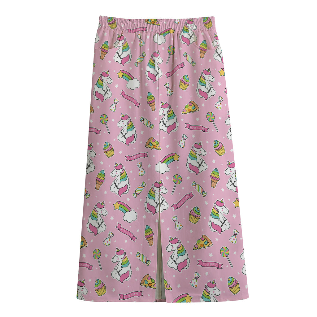 Pink Girly Unicorn Pattern Print Cotton Front Slit Maxi Skirt