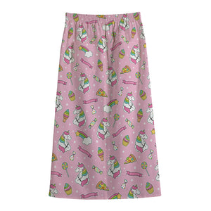 Pink Girly Unicorn Pattern Print Cotton Front Slit Maxi Skirt