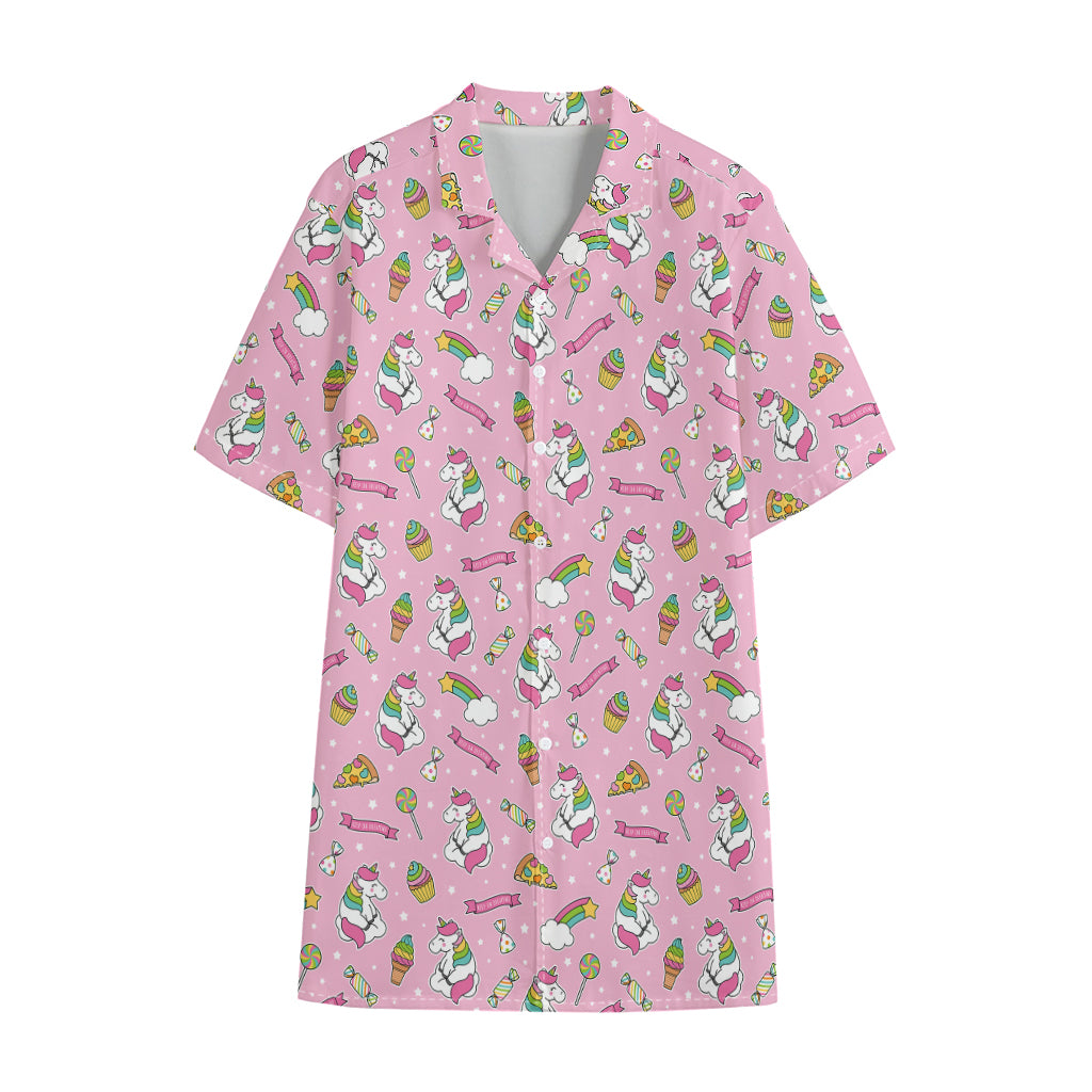 Pink Girly Unicorn Pattern Print Cotton Hawaiian Shirt