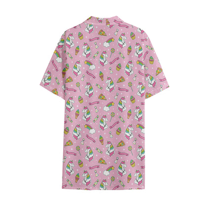 Pink Girly Unicorn Pattern Print Cotton Hawaiian Shirt