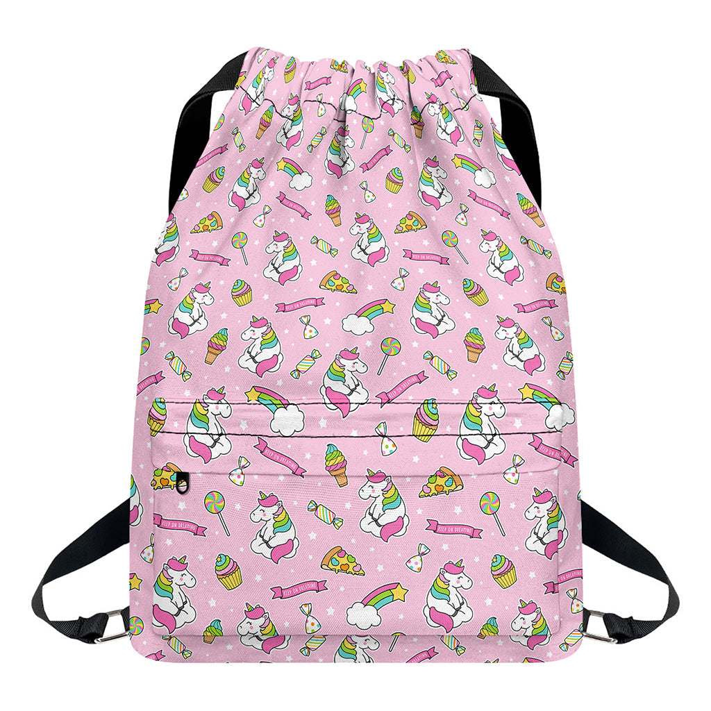Pink Girly Unicorn Pattern Print Drawstring Backpack