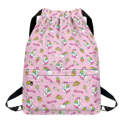 Pink Girly Unicorn Pattern Print Drawstring Backpack