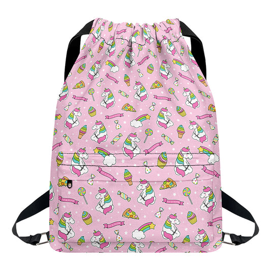 Pink Girly Unicorn Pattern Print Drawstring Backpack