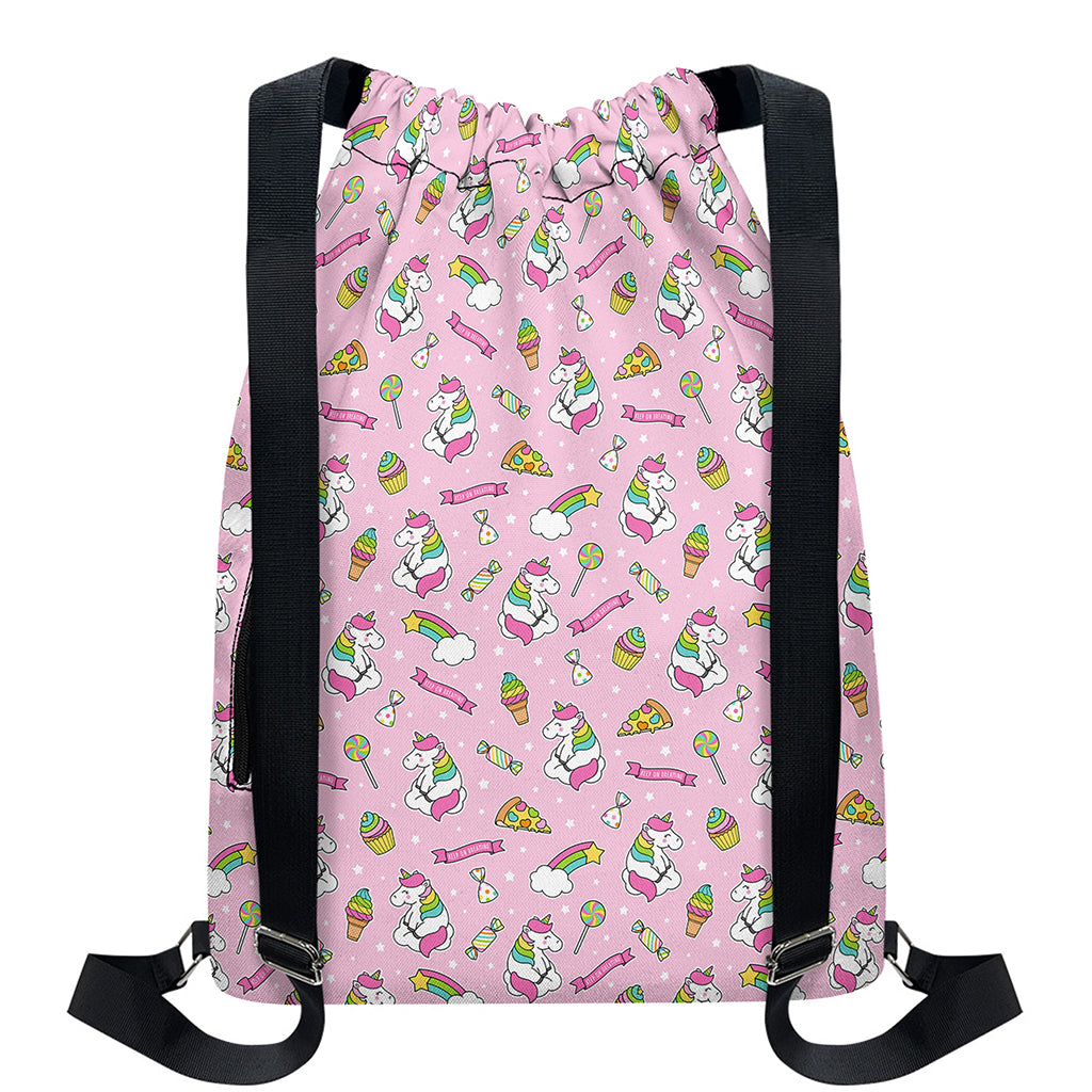 Pink Girly Unicorn Pattern Print Drawstring Backpack
