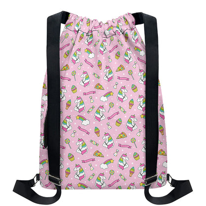 Pink Girly Unicorn Pattern Print Drawstring Backpack