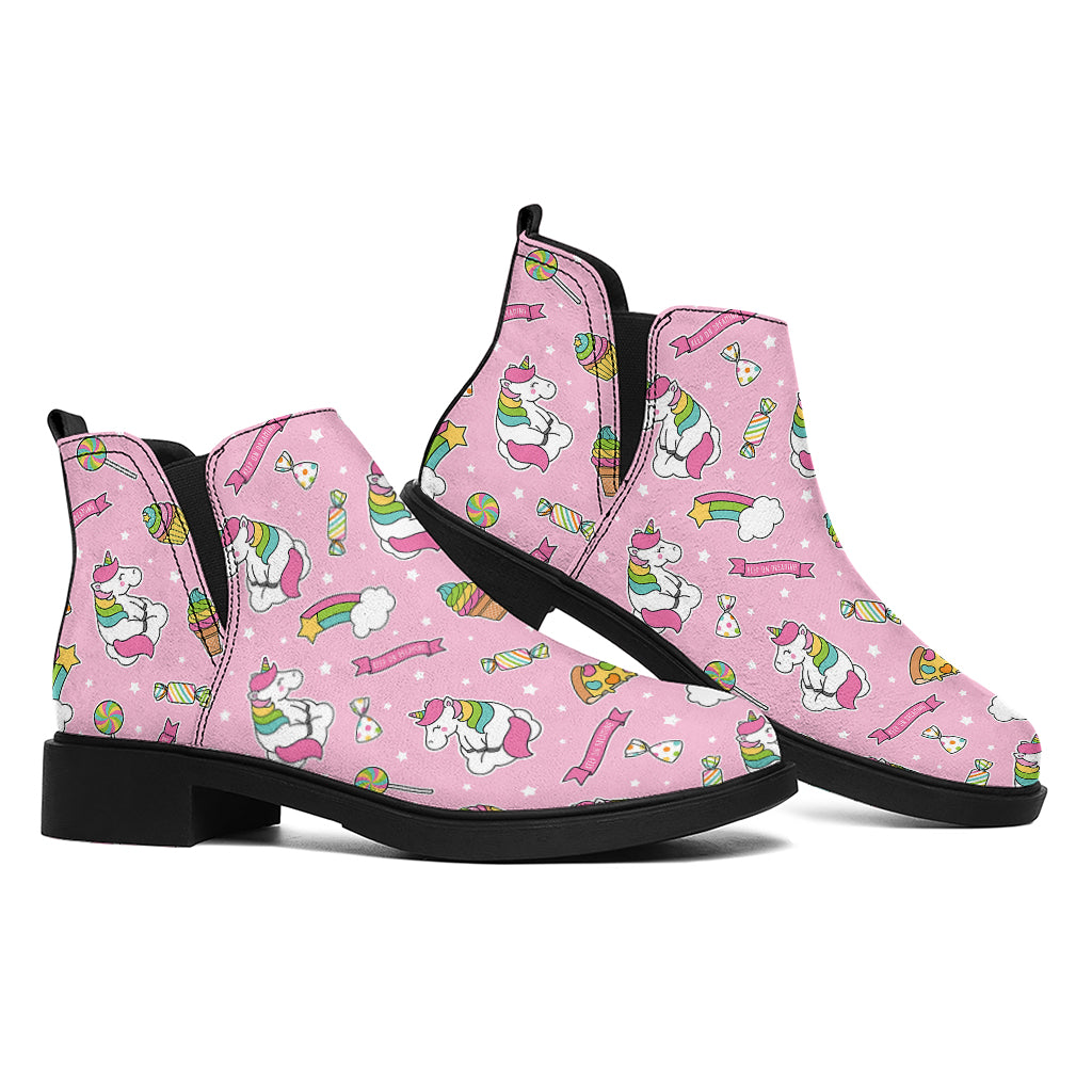 Pink Girly Unicorn Pattern Print Flat Ankle Boots