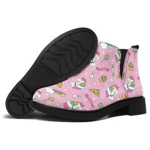 Pink Girly Unicorn Pattern Print Flat Ankle Boots