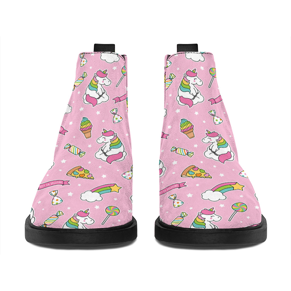 Pink Girly Unicorn Pattern Print Flat Ankle Boots