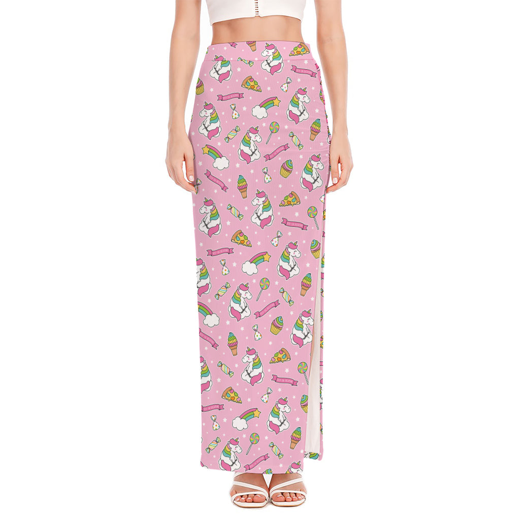 Pink Girly Unicorn Pattern Print High Slit Maxi Skirt