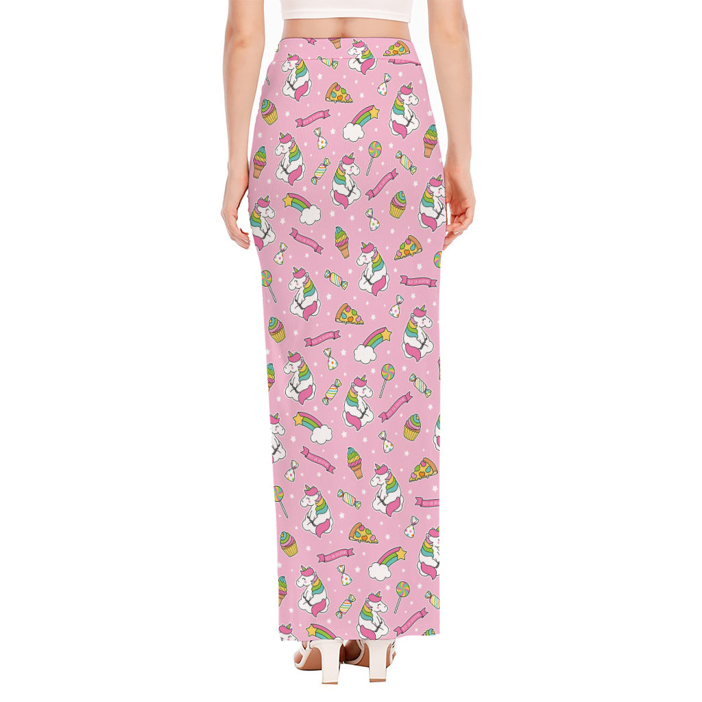 Pink Girly Unicorn Pattern Print High Slit Maxi Skirt