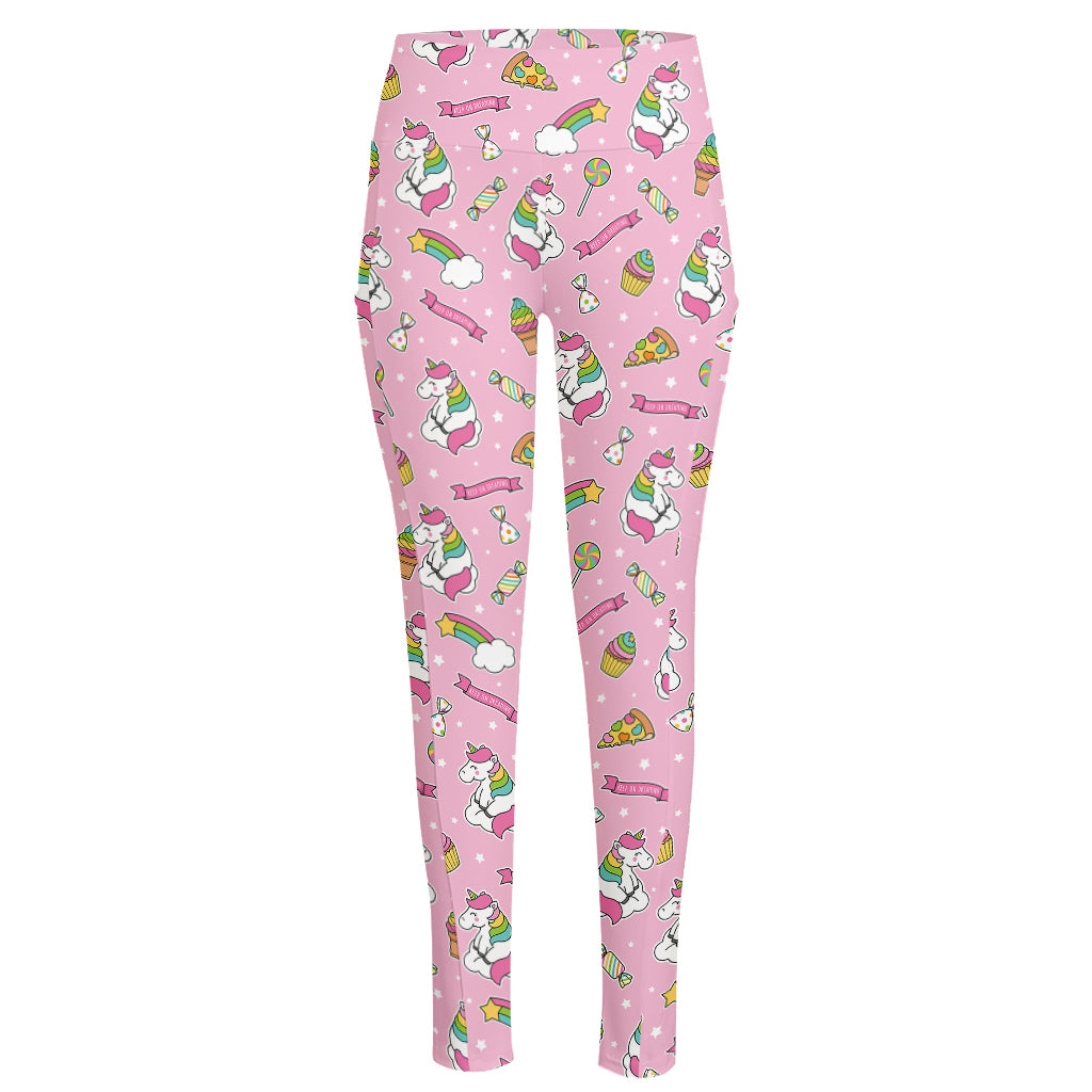 Pink Girly Unicorn Pattern Print High-Waisted Pocket Leggings