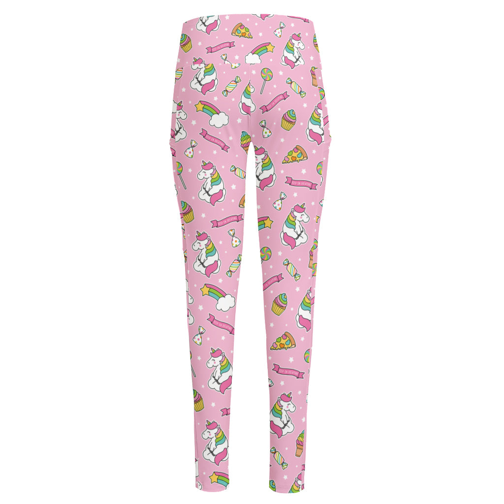 Pink Girly Unicorn Pattern Print High-Waisted Pocket Leggings