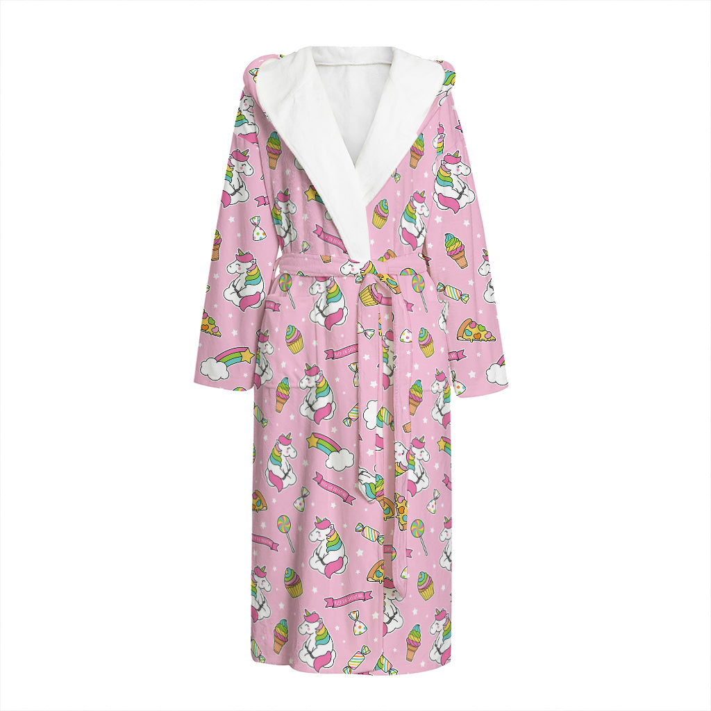 Pink Girly Unicorn Pattern Print Hooded Bathrobe