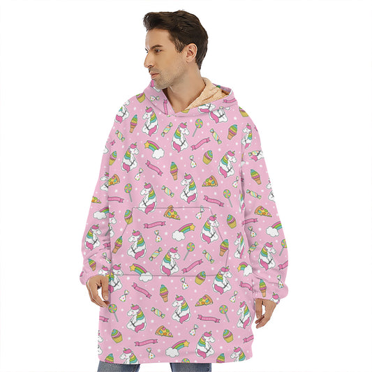 Pink Girly Unicorn Pattern Print Hoodie Blanket