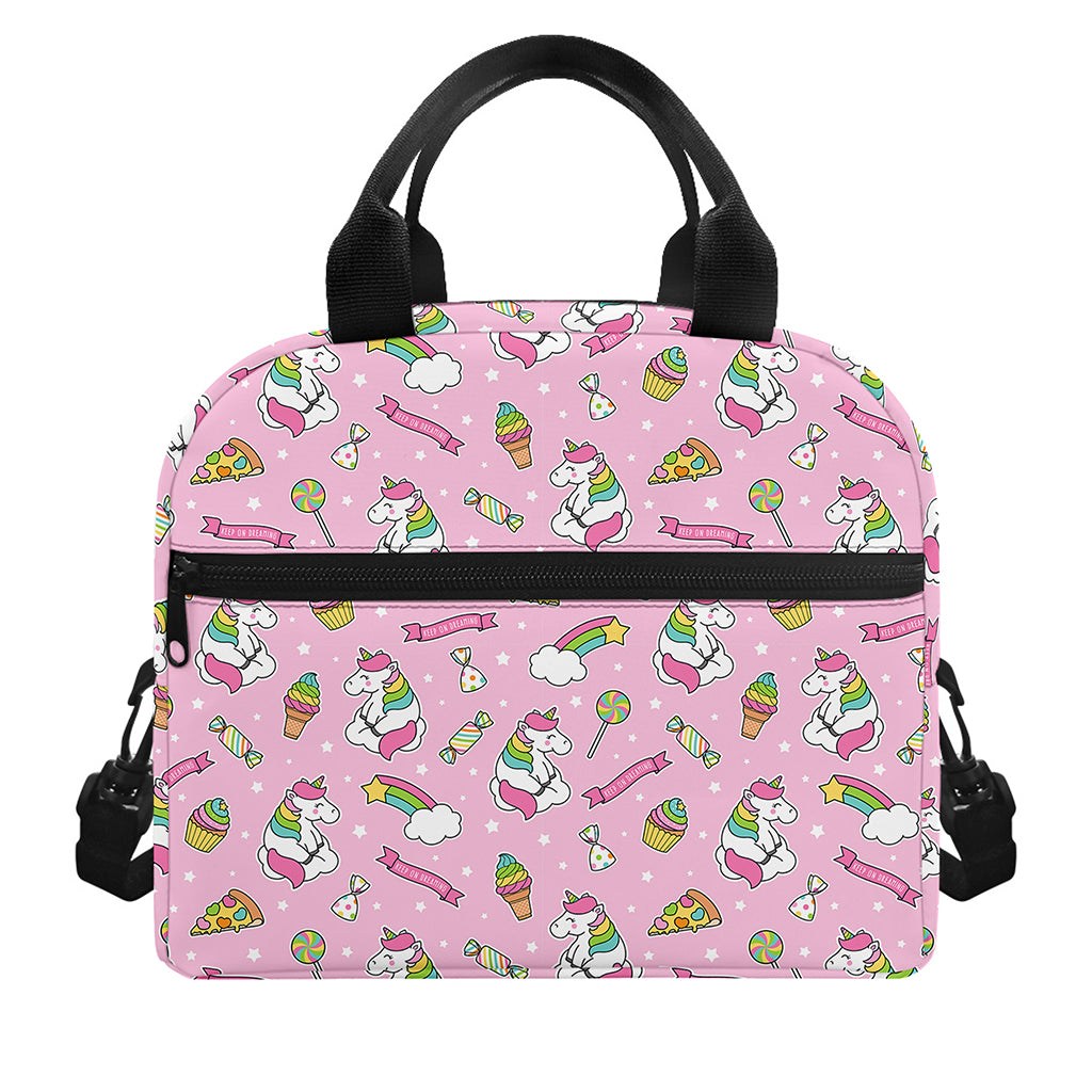 Pink Girly Unicorn Pattern Print Insulated Lunch Bag