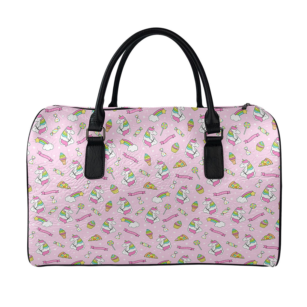 Pink Girly Unicorn Pattern Print Leather Duffle Bag