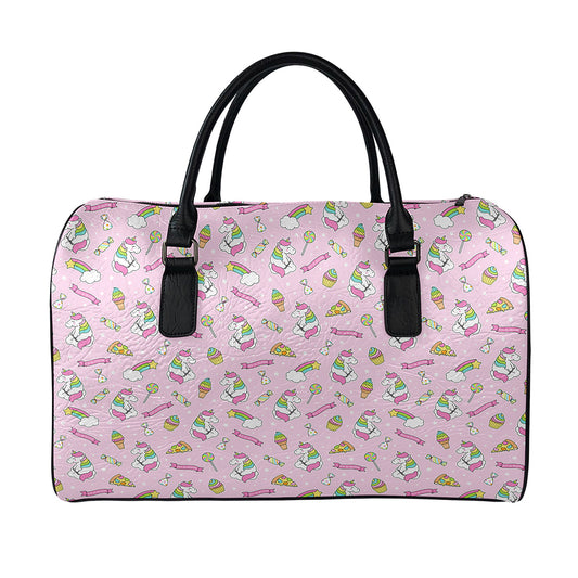 Pink Girly Unicorn Pattern Print Leather Duffle Bag