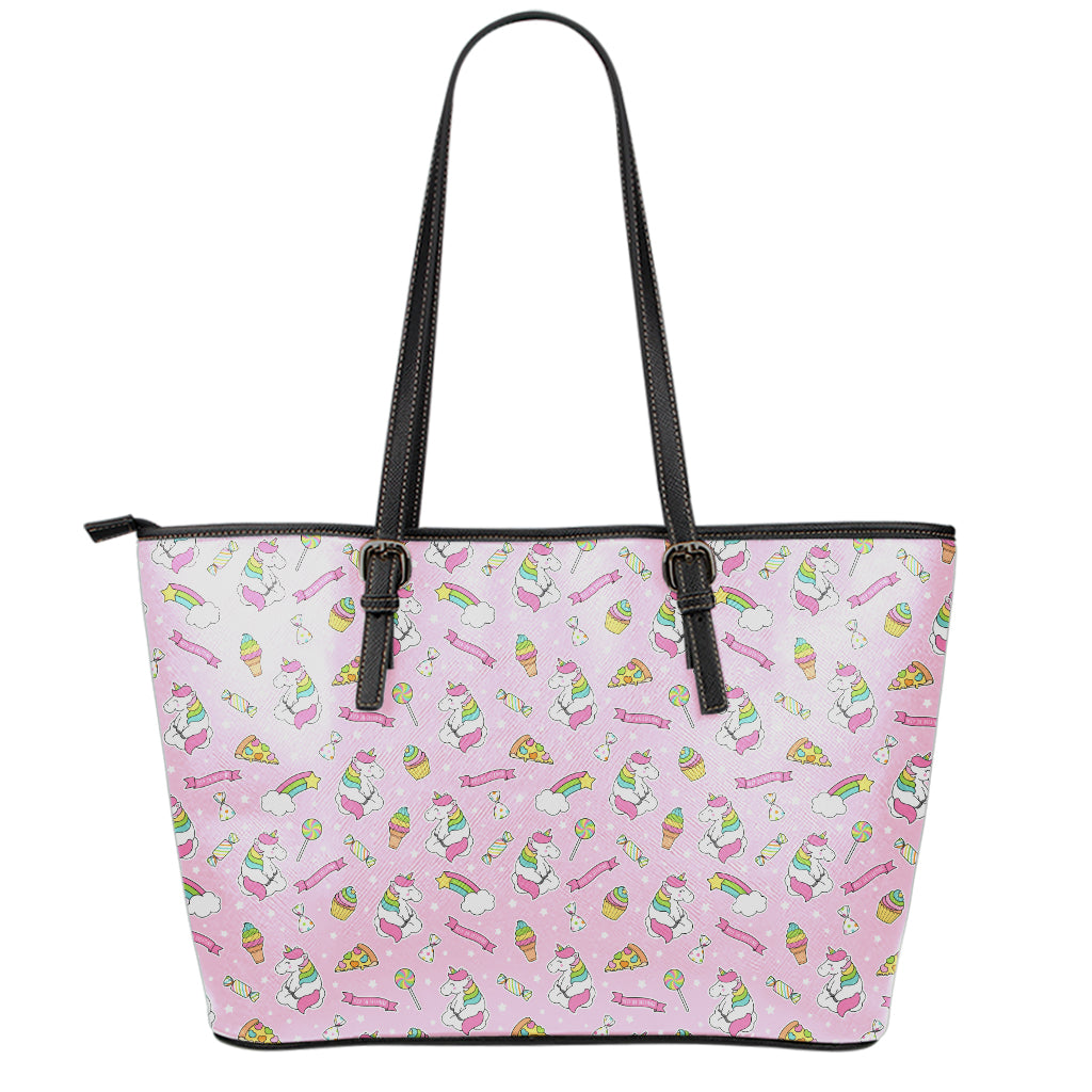 Pink Girly Unicorn Pattern Print Leather Tote Bag
