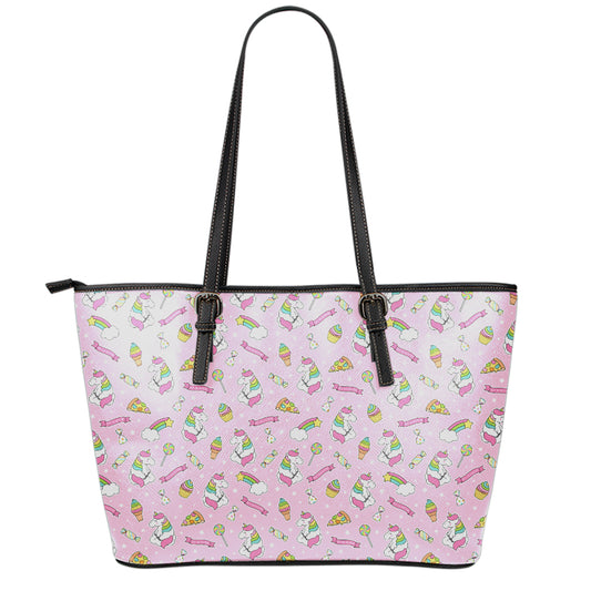 Pink Girly Unicorn Pattern Print Leather Tote Bag