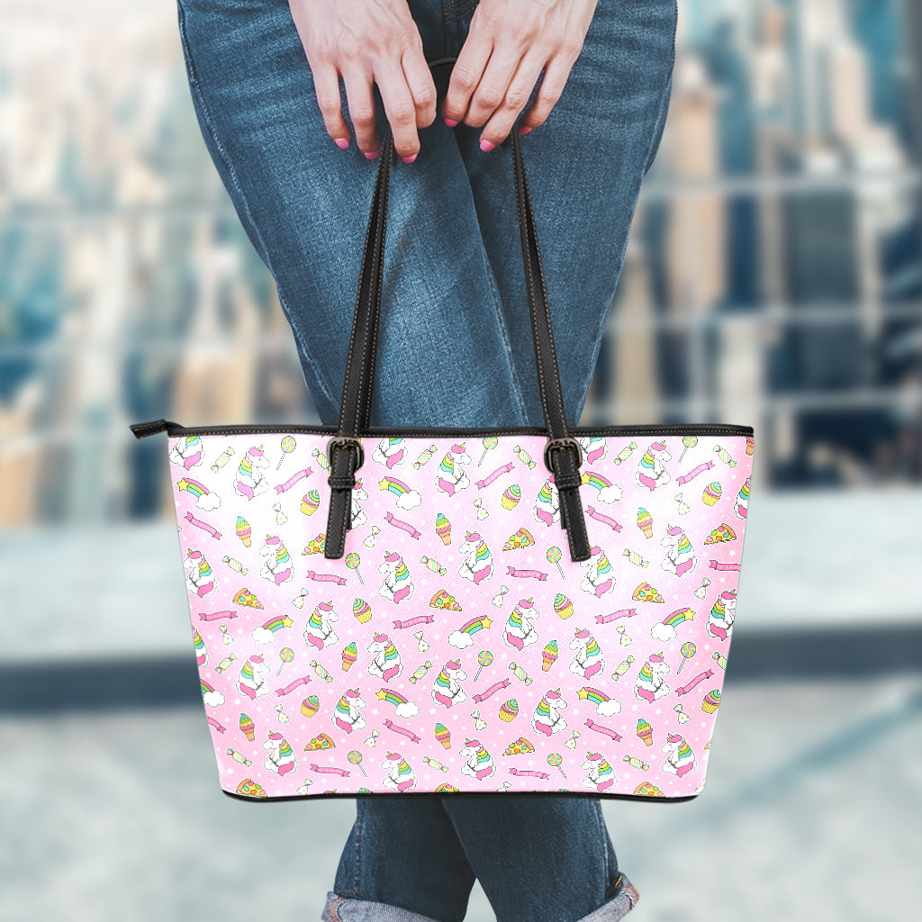 Pink Girly Unicorn Pattern Print Leather Tote Bag
