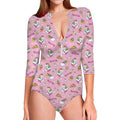 Pink Girly Unicorn Pattern Print Long Sleeve Swimsuit