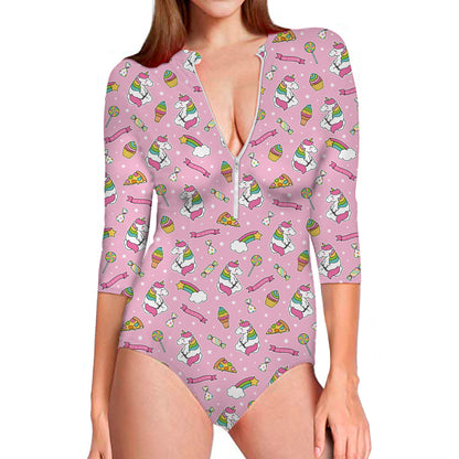 Pink Girly Unicorn Pattern Print Long Sleeve Swimsuit