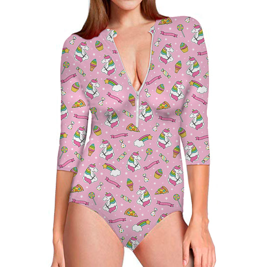 Pink Girly Unicorn Pattern Print Long Sleeve Swimsuit