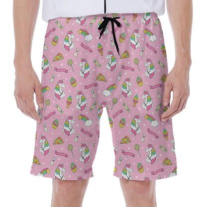 Pink Girly Unicorn Pattern Print Men's Beach Shorts