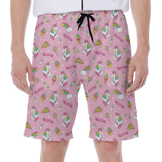 Pink Girly Unicorn Pattern Print Men's Beach Shorts