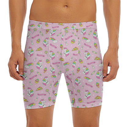 Pink Girly Unicorn Pattern Print Men's Long Boxer Briefs