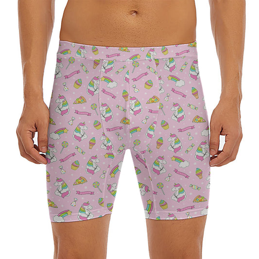 Pink Girly Unicorn Pattern Print Men's Long Boxer Briefs