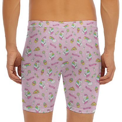 Pink Girly Unicorn Pattern Print Men's Long Boxer Briefs