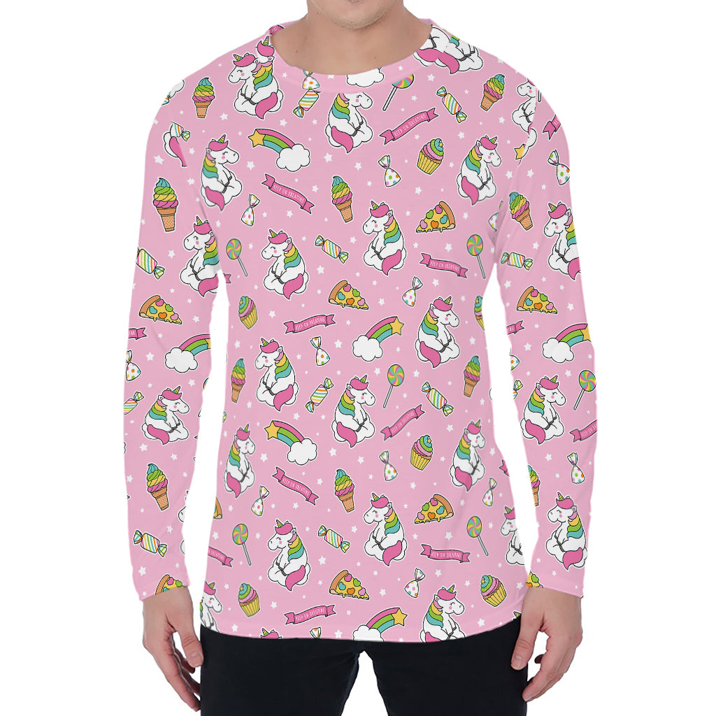 Pink Girly Unicorn Pattern Print Men's Long Sleeve T-Shirt