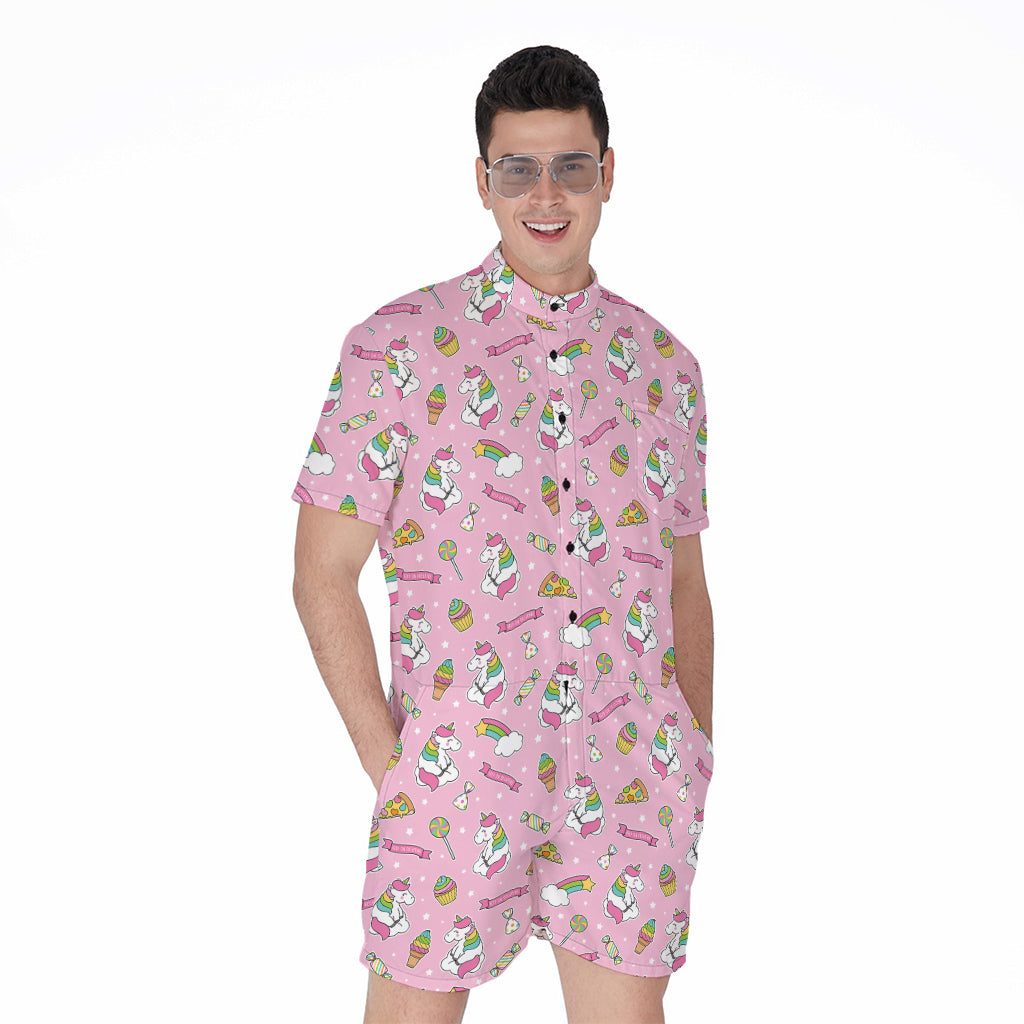 Pink Girly Unicorn Pattern Print Men's Rompers