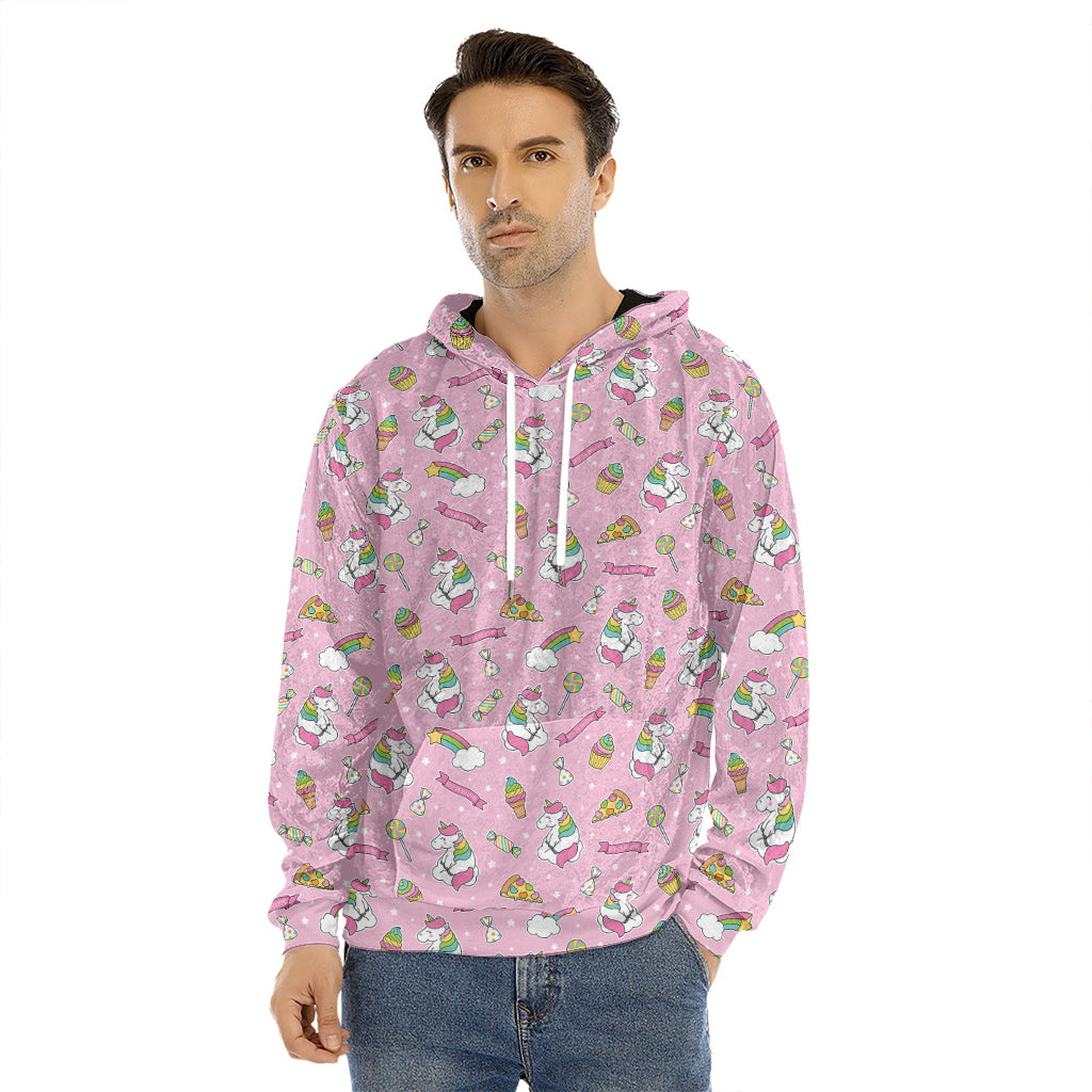 Pink Girly Unicorn Pattern Print Men's Velvet Pullover Hoodie