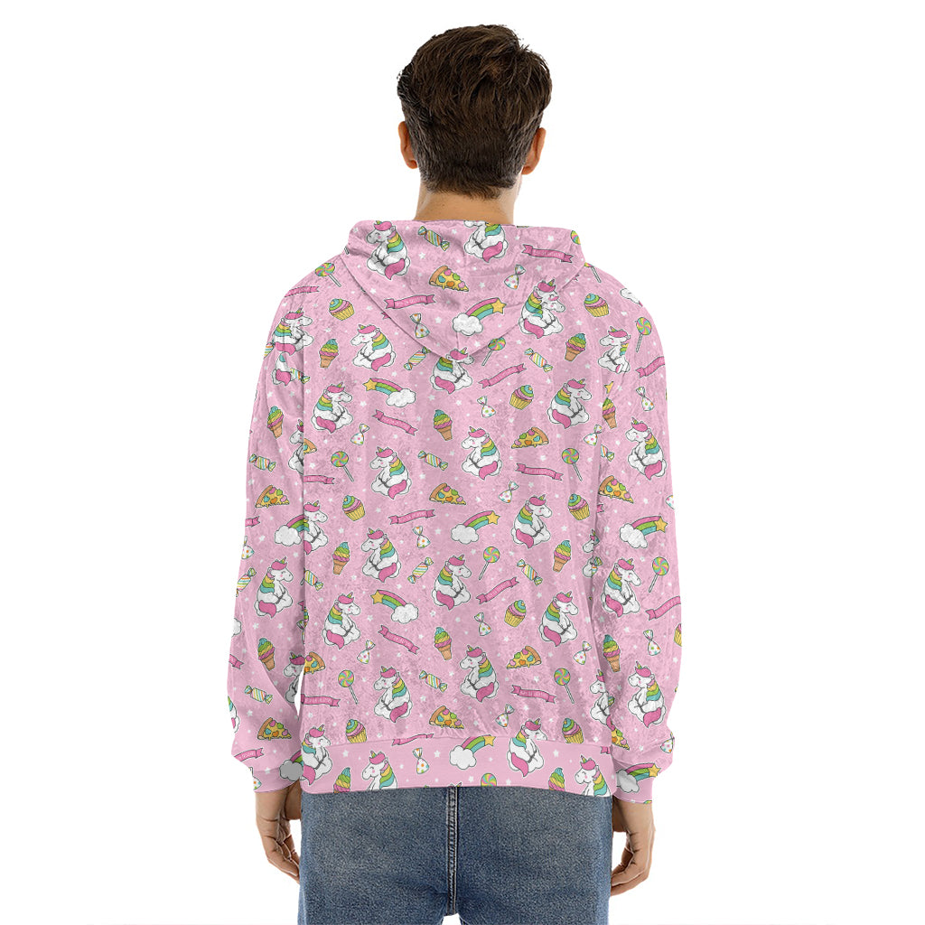 Pink Girly Unicorn Pattern Print Men's Velvet Pullover Hoodie