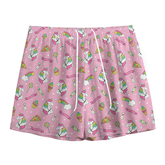 Pink Girly Unicorn Pattern Print Mesh Shorts