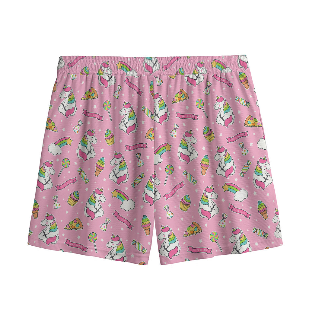 Pink Girly Unicorn Pattern Print Mesh Shorts