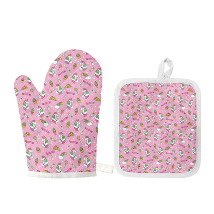 Pink Girly Unicorn Pattern Print Oven Mitt And Pot Holder Set