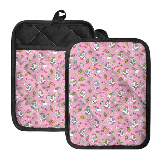 Pink Girly Unicorn Pattern Print Pot Holders With Pocket