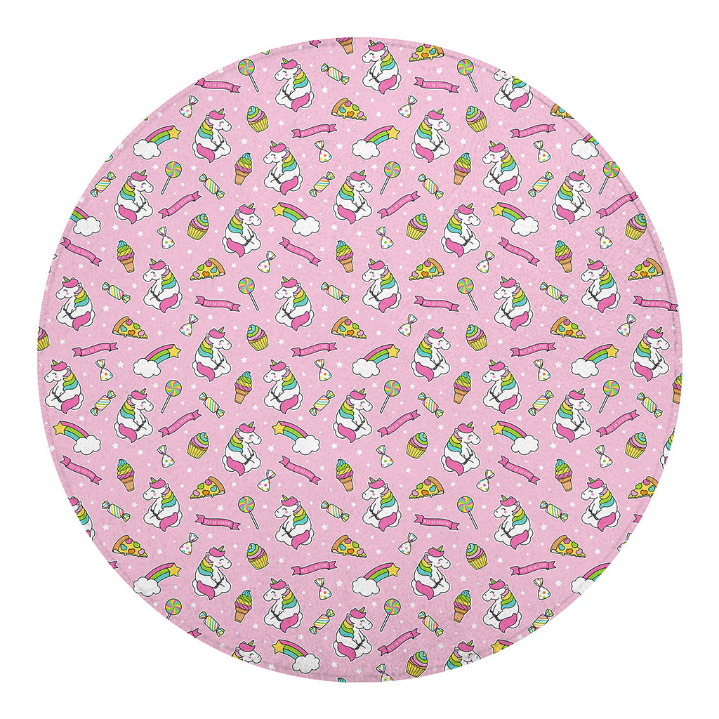 Pink Girly Unicorn Pattern Print Round Blanket