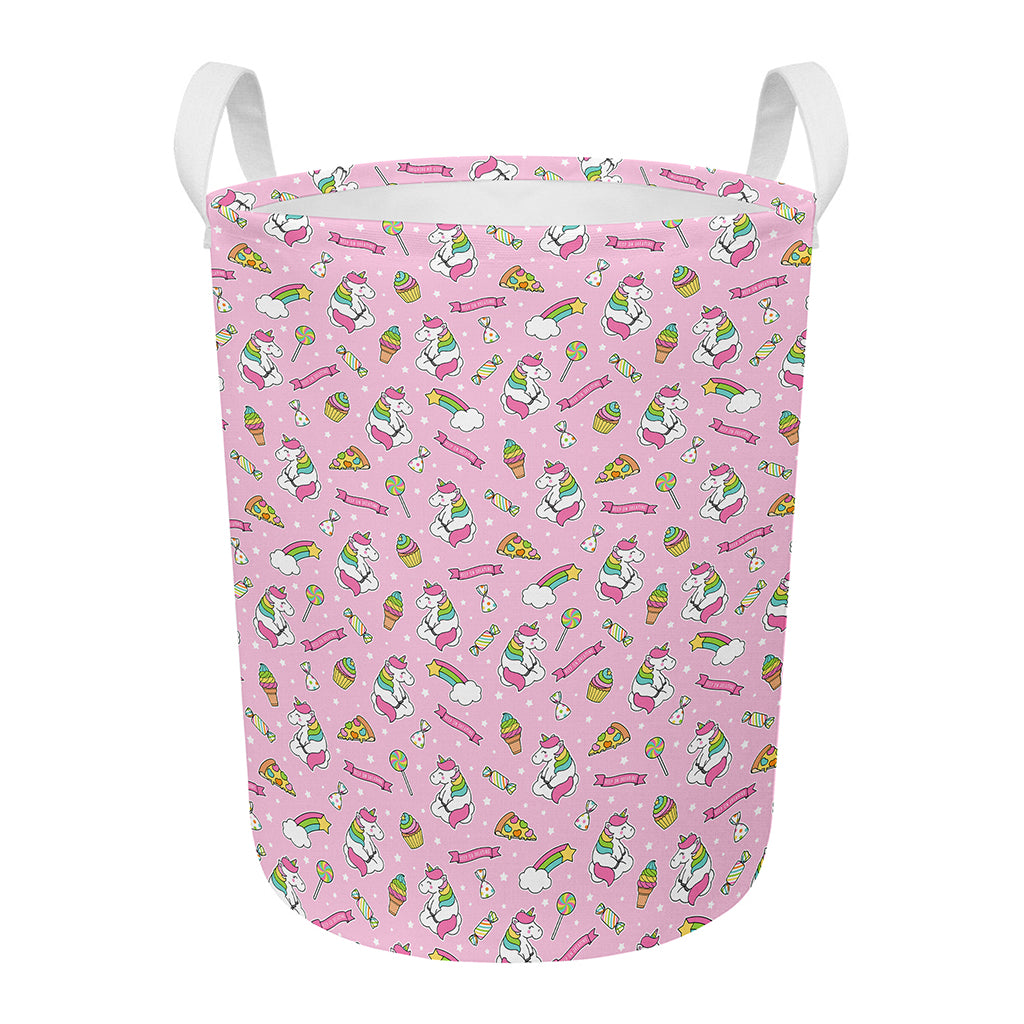 Pink Girly Unicorn Pattern Print Round Laundry Basket