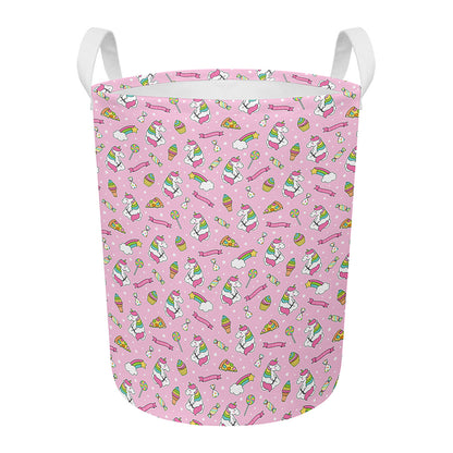 Pink Girly Unicorn Pattern Print Round Laundry Basket