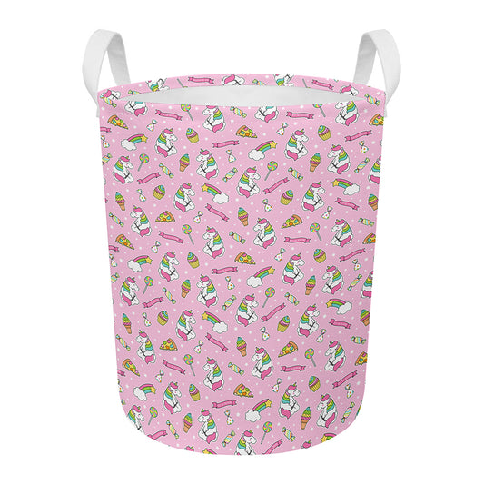 Pink Girly Unicorn Pattern Print Round Laundry Basket