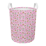 Pink Girly Unicorn Pattern Print Round Laundry Basket