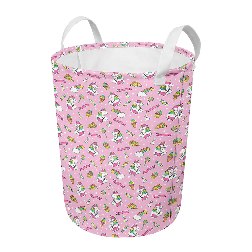 Pink Girly Unicorn Pattern Print Round Laundry Basket