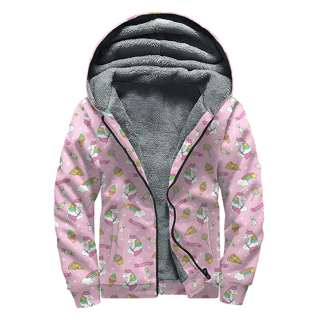 Pink Girly Unicorn Pattern Print Sherpa Lined Zip Up Hoodie